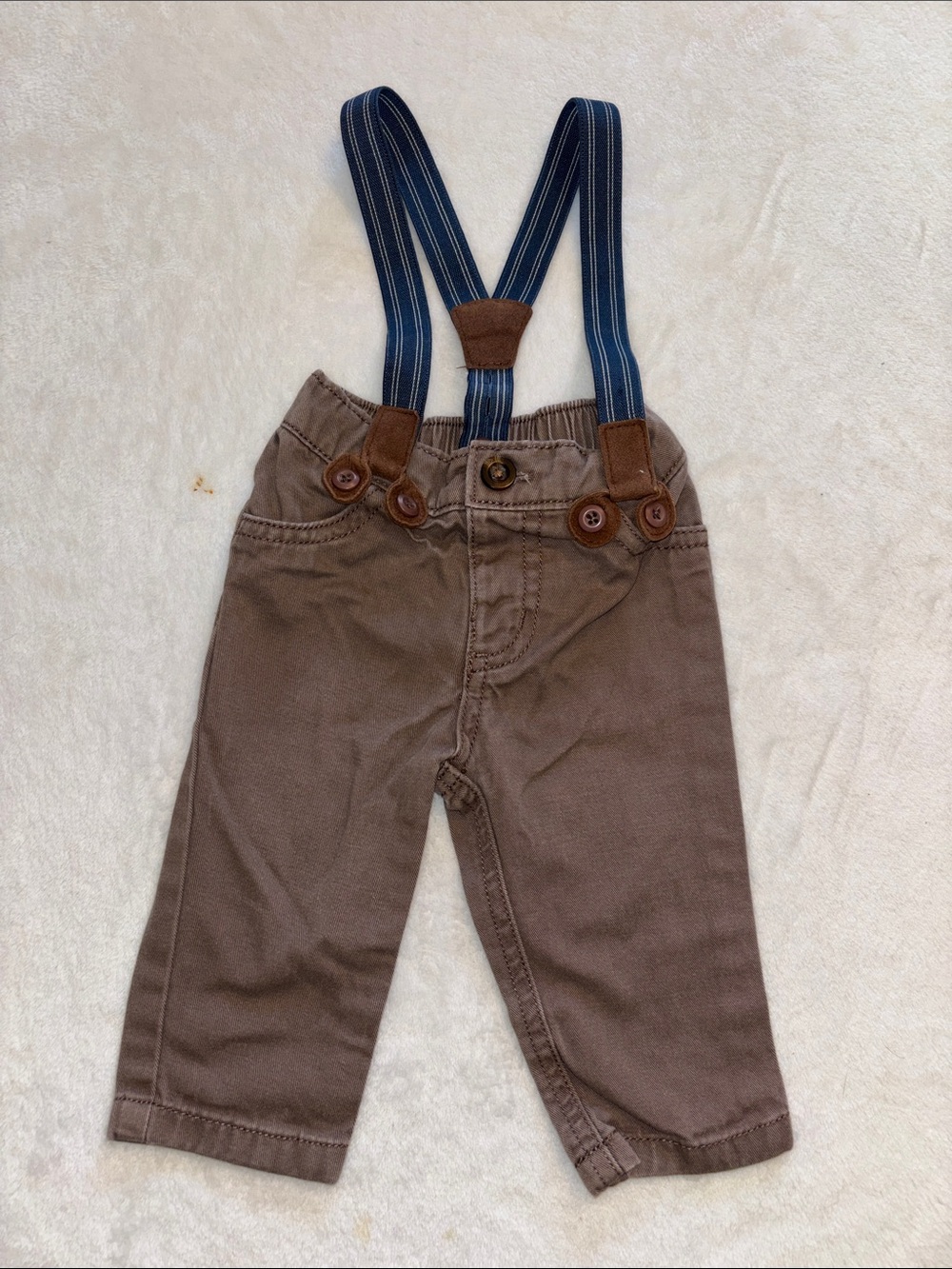 (3 for $10) Carters Brown Kids Overalls Pants with Blue Striped Suspenders